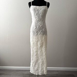 LUSH Cream Crochet Floral Maxi Dress Women's Size L Lined Summer Resort NWOT